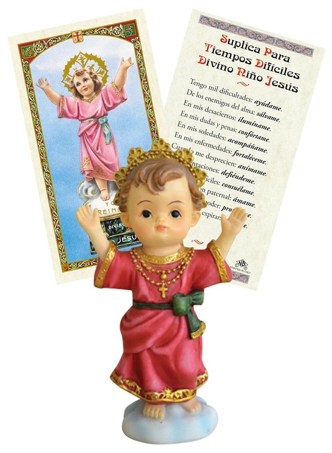 Trendzeen Small Divine Child Jesus Statue - Laminated Spanish Divino Nino Jesus Card - 4 inch Sto Nino Statue for Home Decor, Altar - Divino Niño Jesus Estatua, Divino Nino Jesus Tarjeta - 2 Items Total - Image 1